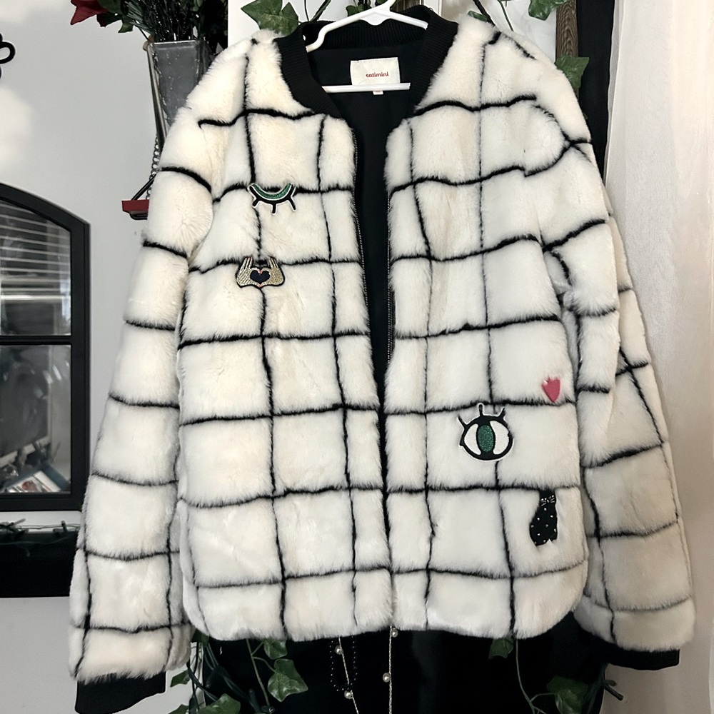 Catimini Girls Faux Fur Dress Coat Bomber Jacket - white/black